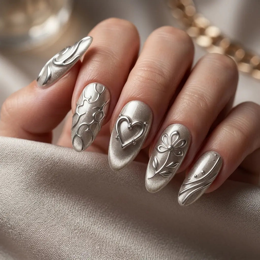 silver white 3d cat eye almond press on nails y2k heart glitter detail 03
