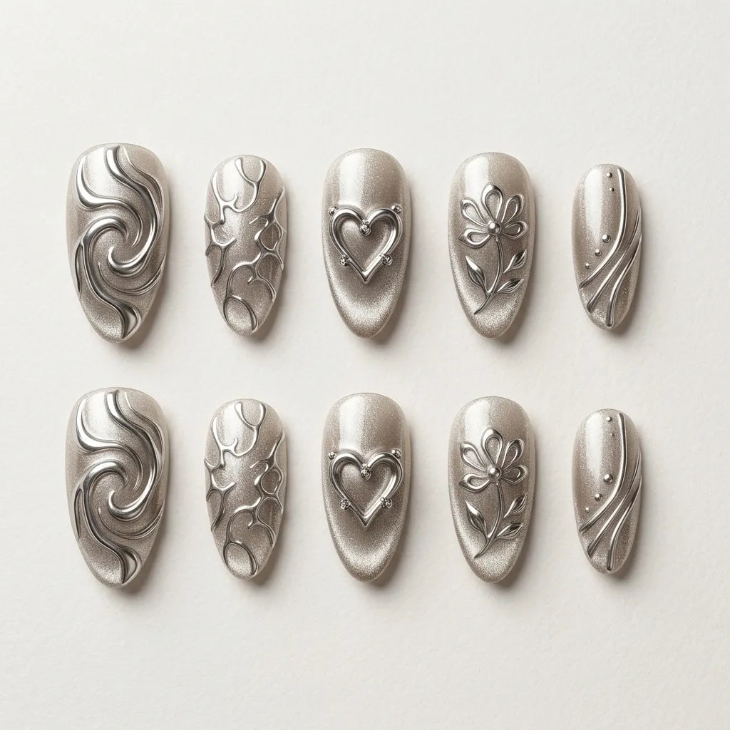 silver white 3d cat eye almond press on nails y2k heart glitter flat lay 04
