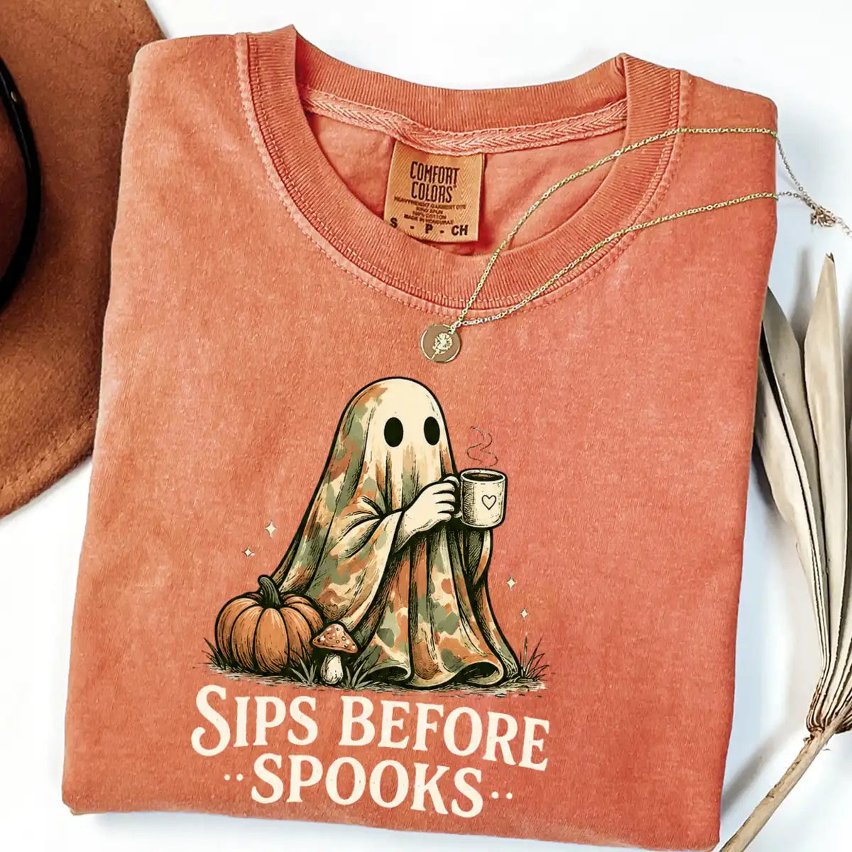 Comfort Colors T-shirt with Sips Before Spooks Camo Ghost - Cottagecore Halloween Comfort Colors T-Shirt Halloween artwork