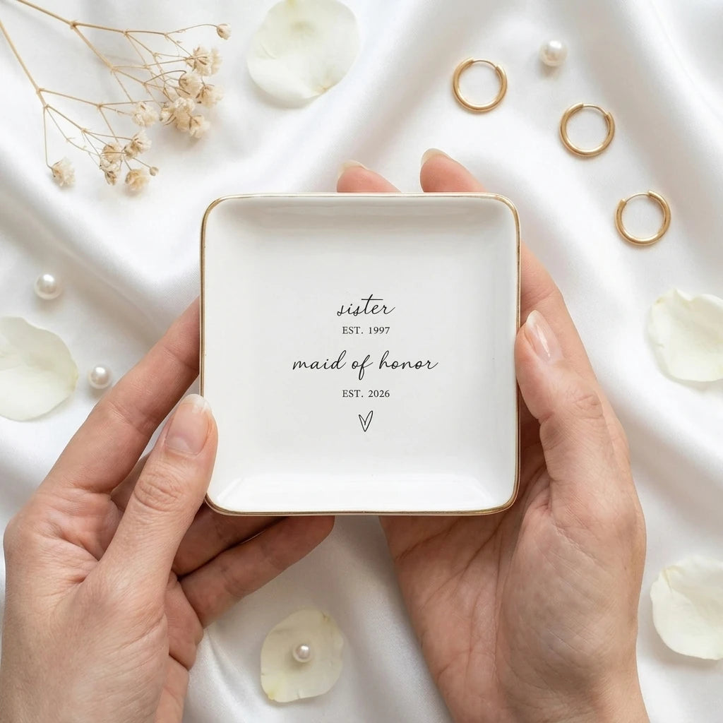 Personalized maid of honor ring dish in gift box with ribbon
