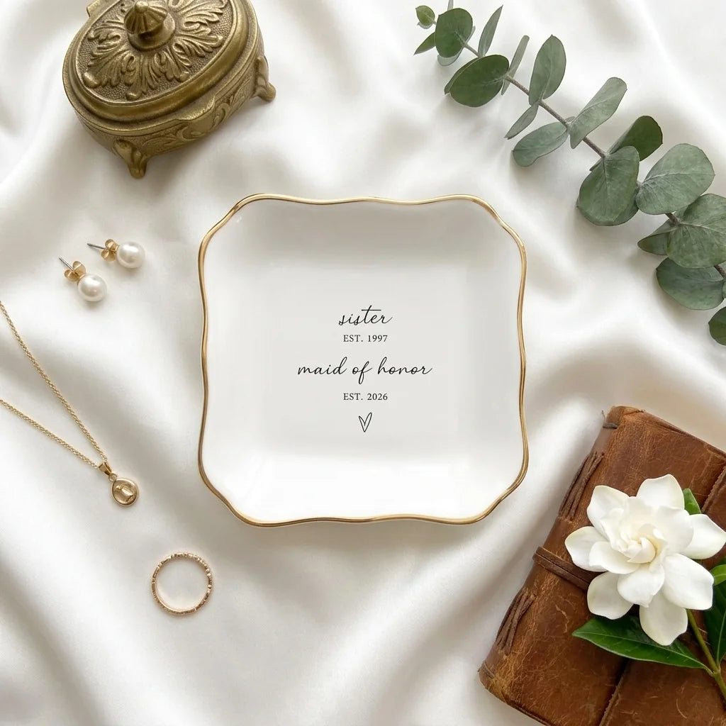 Personalized bridesmaid ring dish lifestyle shot with gold accents
