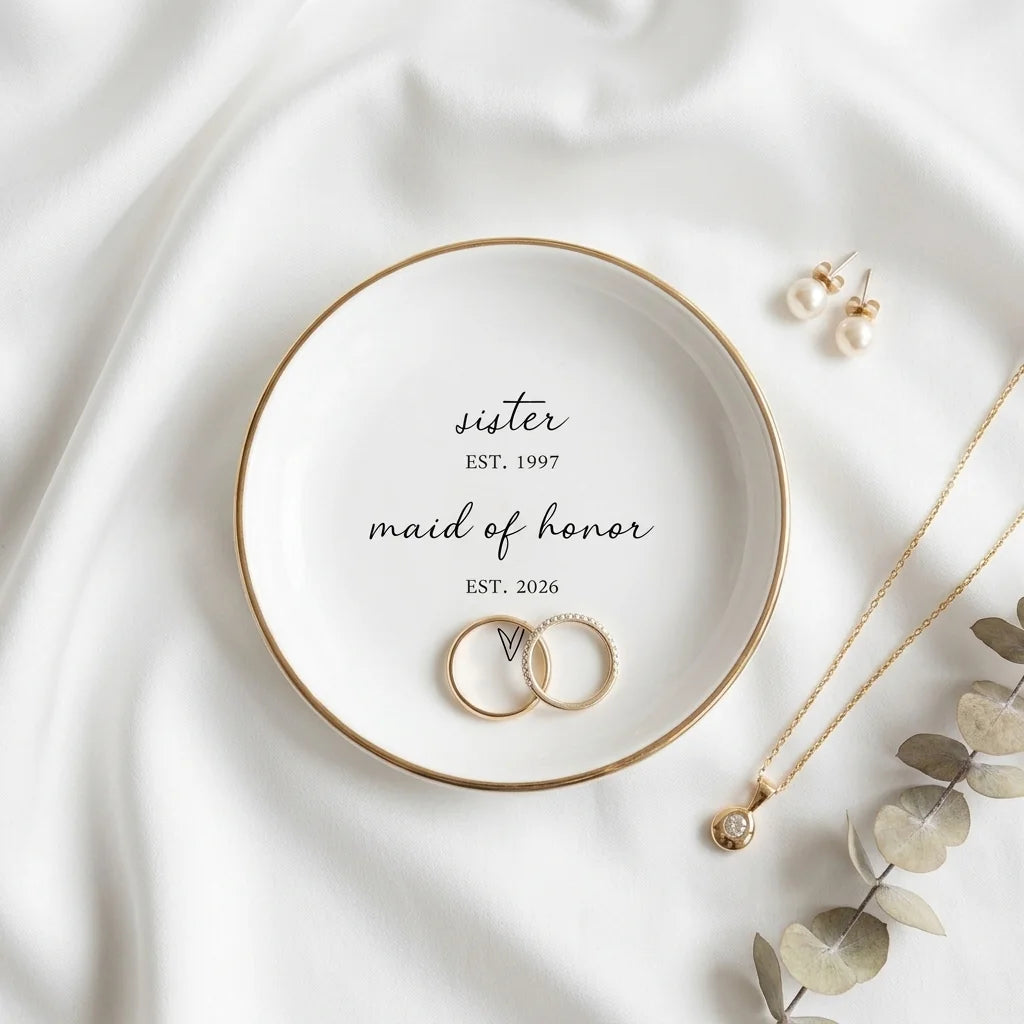 Personalized sister and maid of honor ceramic ring dish with custom relationship and year