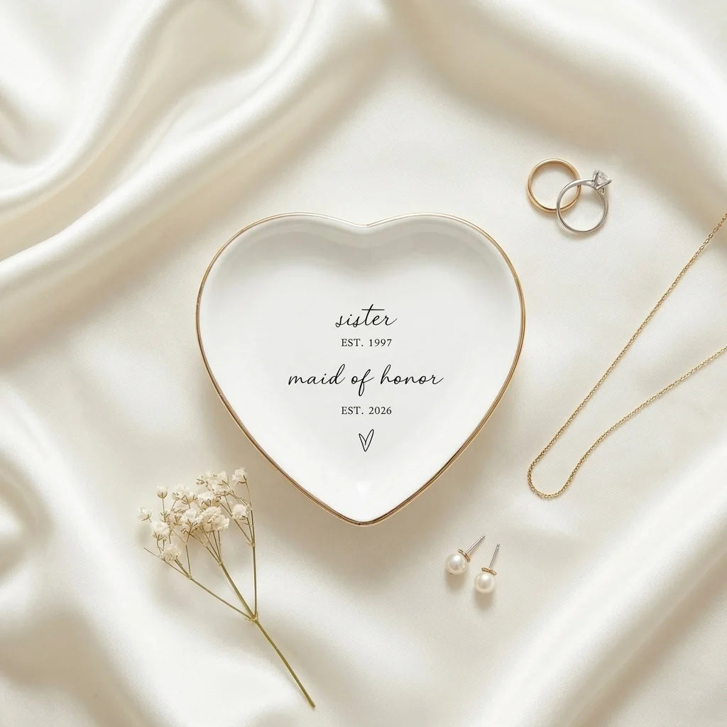 Maid of honor ring dish gift displayed with earrings and flowers