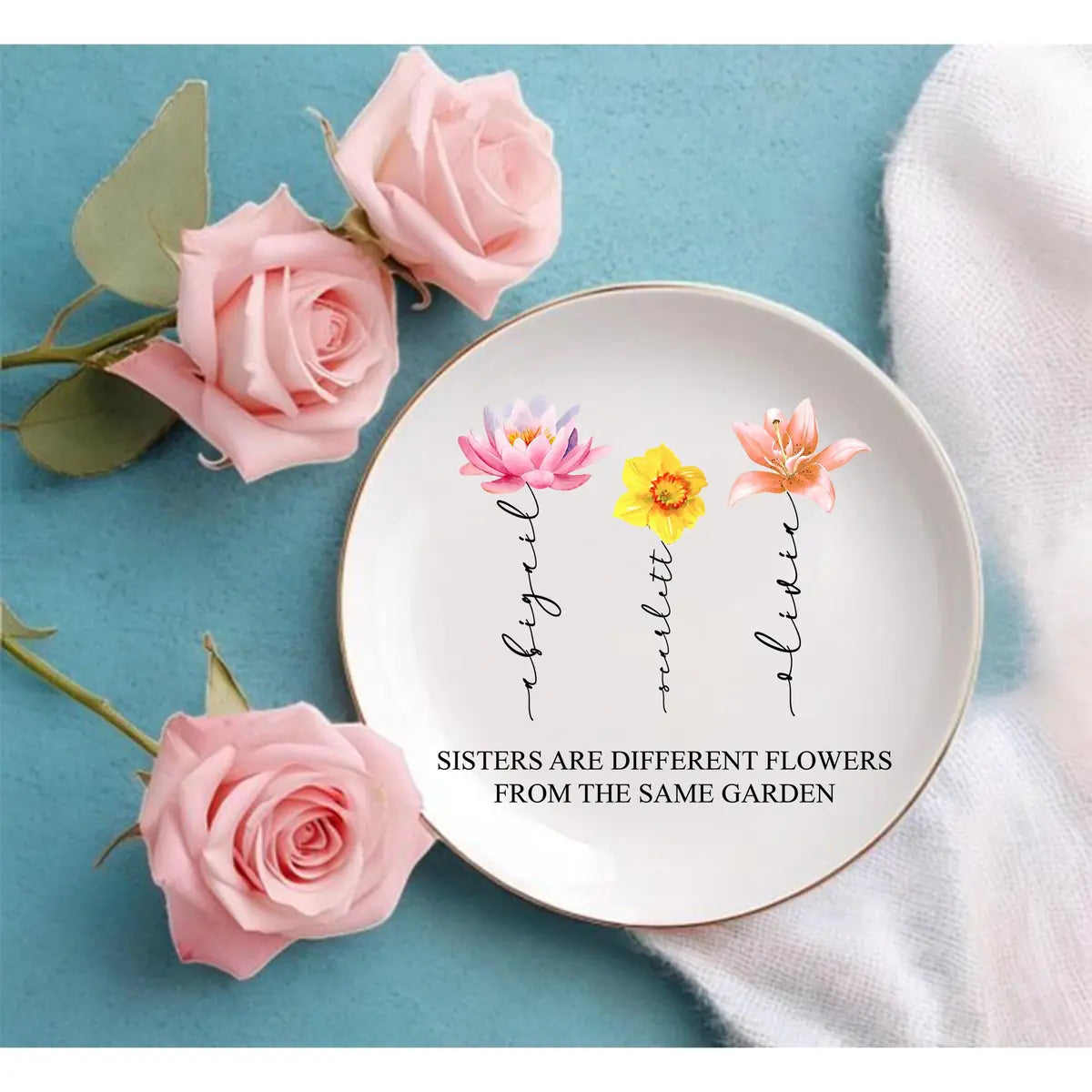 Jewelry Dish, Sisters Are Different Flowers From The Same Garden, Birth Flower Ring Dish, Gift for Sister, Custom Jewelry Dis