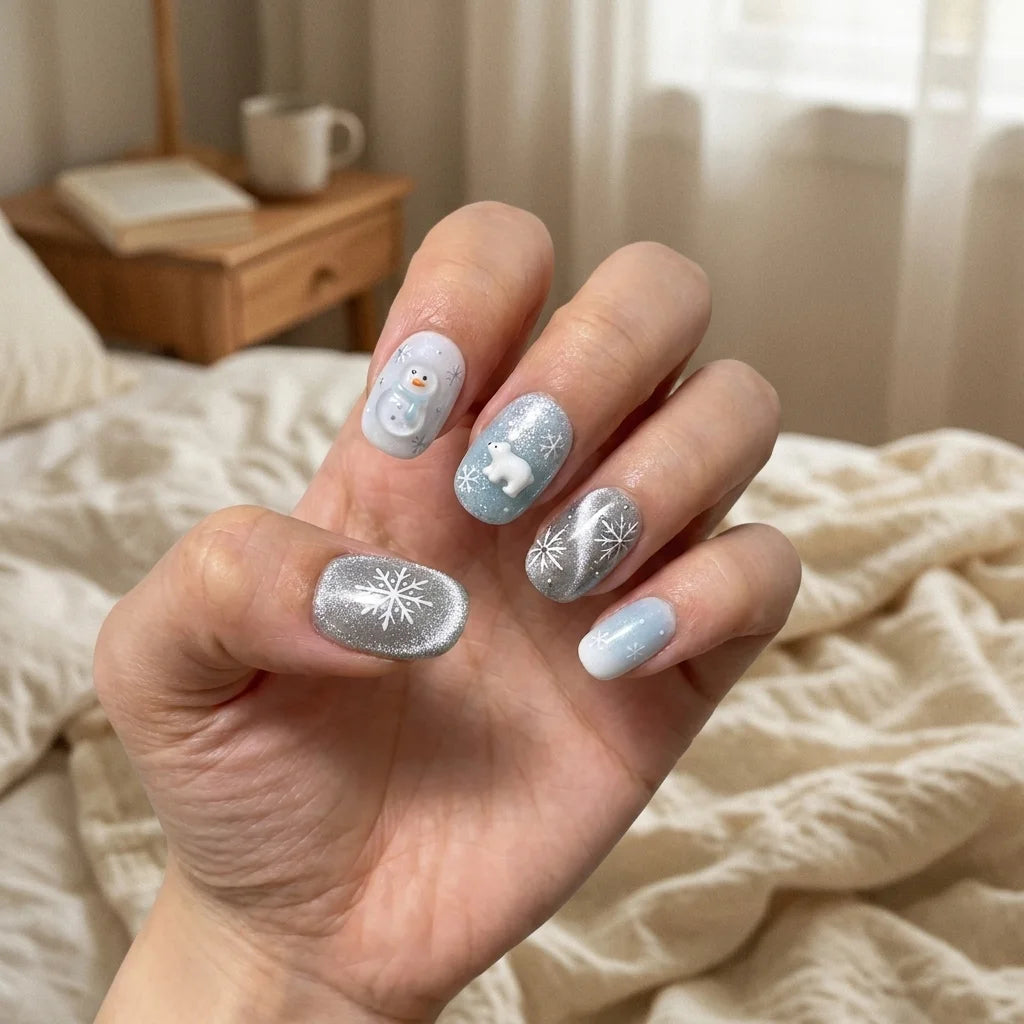sky blue milky white 3d cat eye christmas oval press on nails polar bear snowman glitter detail 03