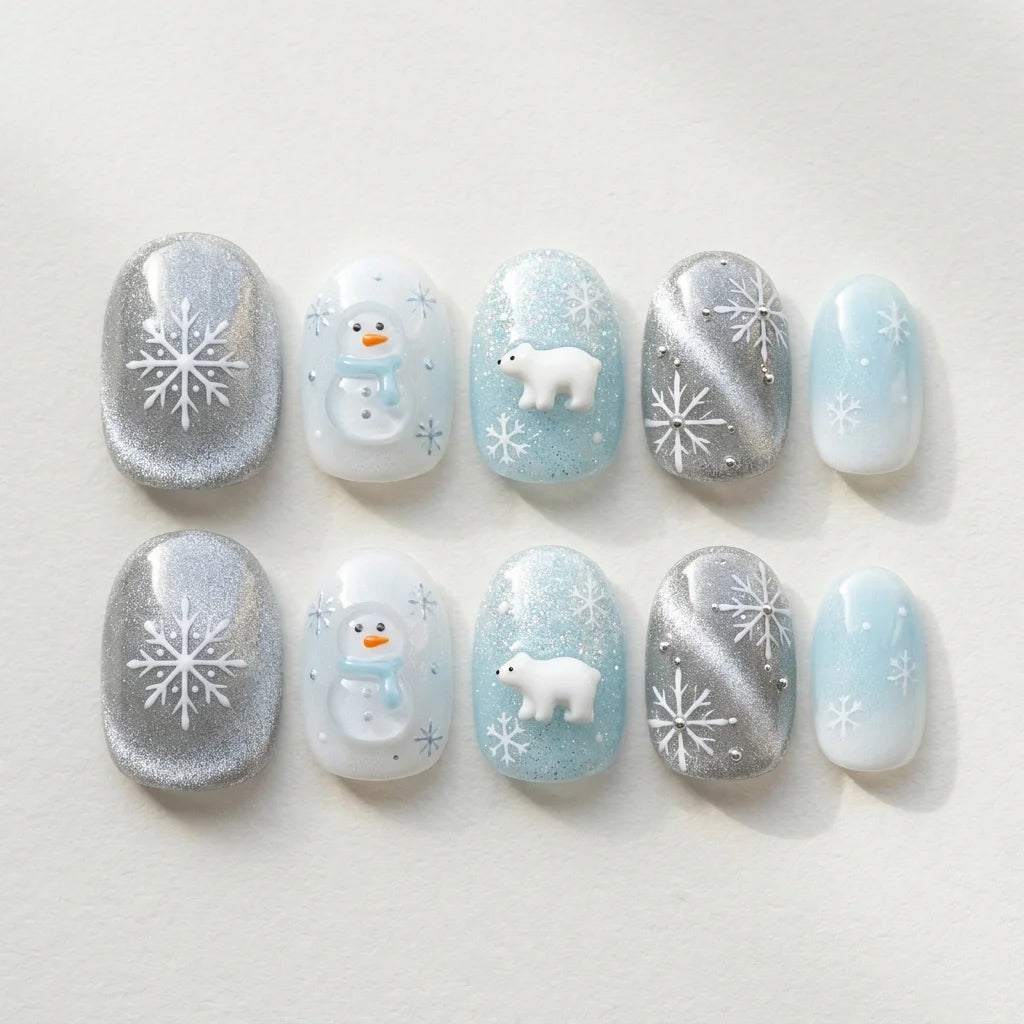 sky blue milky white 3d cat eye christmas oval press on nails polar bear snowman glitter flat lay 04