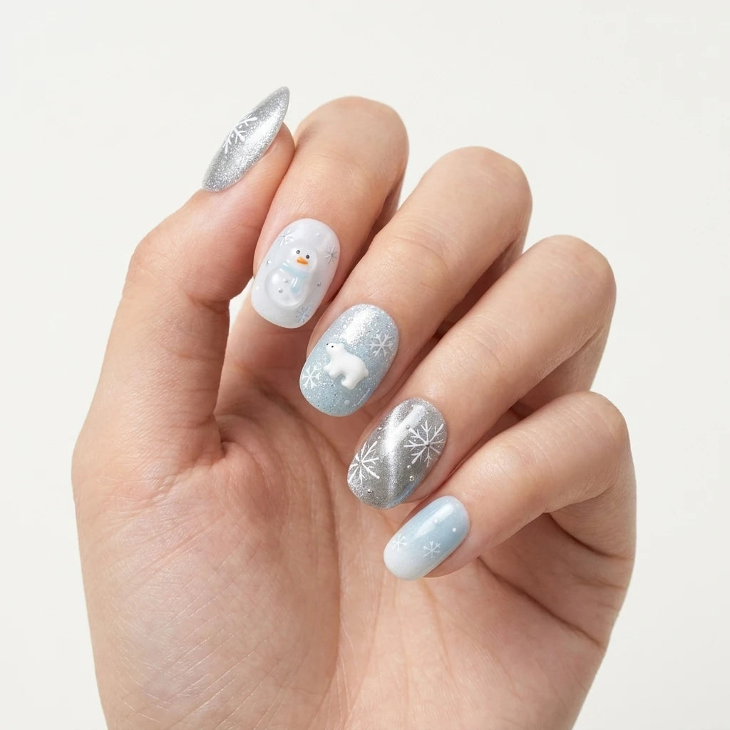 sky blue milky white 3d cat eye christmas oval press on nails polar bear snowman glitter lifestyle 02