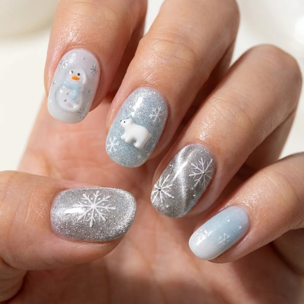 sky blue milky white 3d cat eye christmas oval press on nails polar bear snowman glitter lifestyle 03