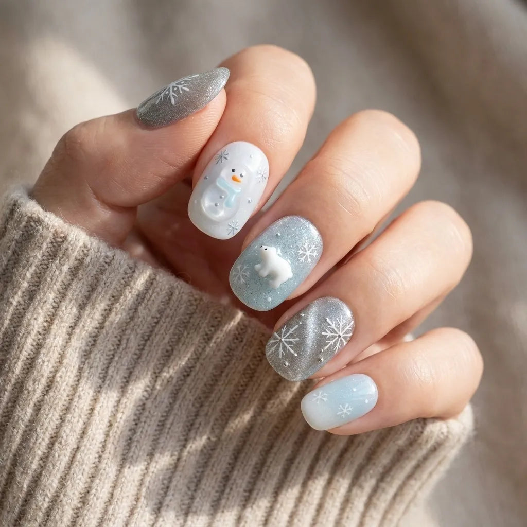 sky blue milky white 3d cat eye christmas oval press on nails polar bear snowman glitter mockup 01