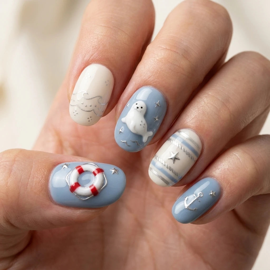 sky blue milky white 3d hand painted oval press on nails nautical seal anchor buoy detail 03
