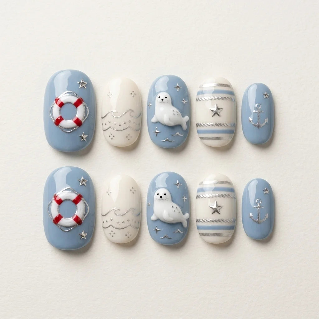 sky blue milky white 3d hand painted oval press on nails nautical seal anchor buoy flat lay 04