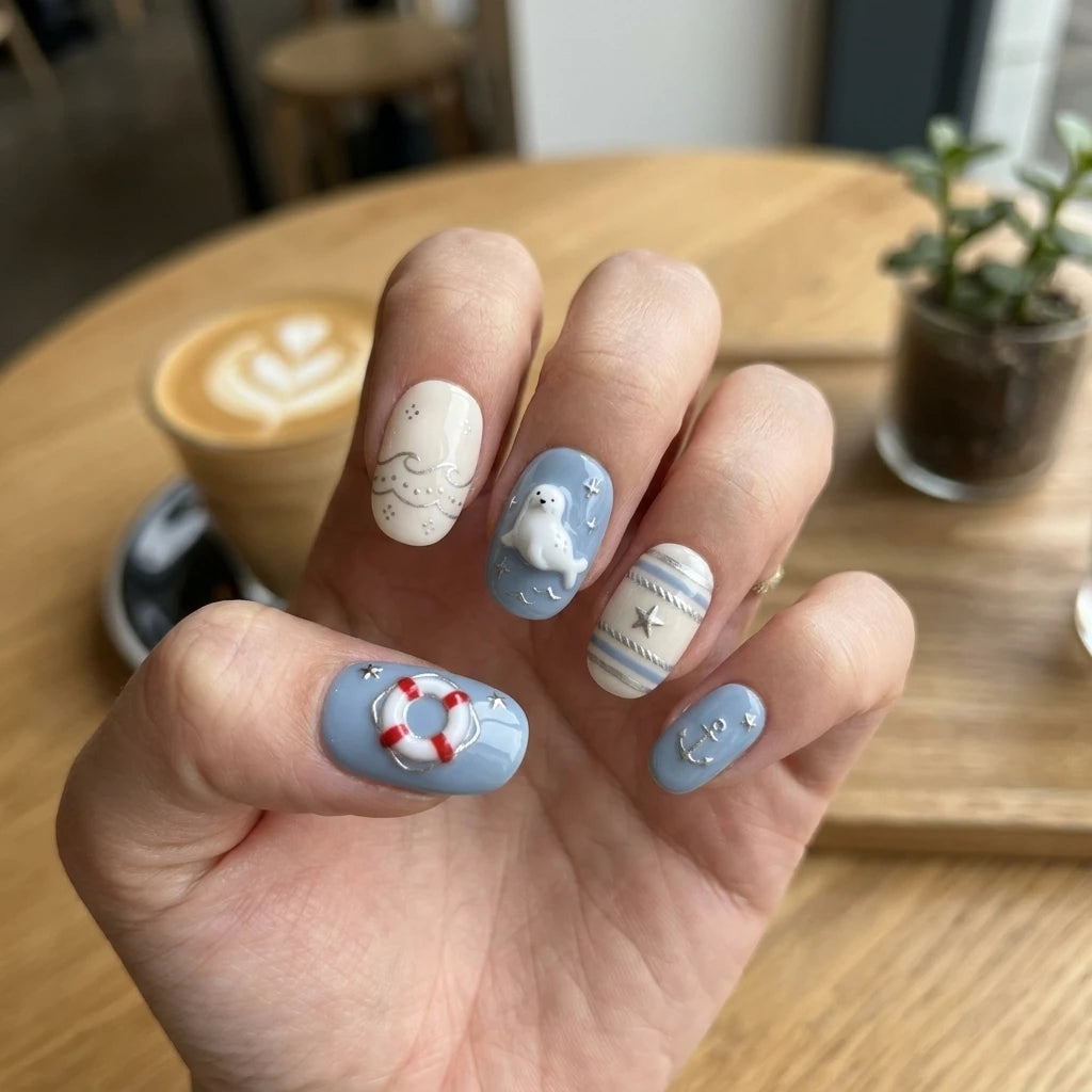 sky blue milky white 3d hand painted oval press on nails nautical seal anchor buoy lifestyle 02