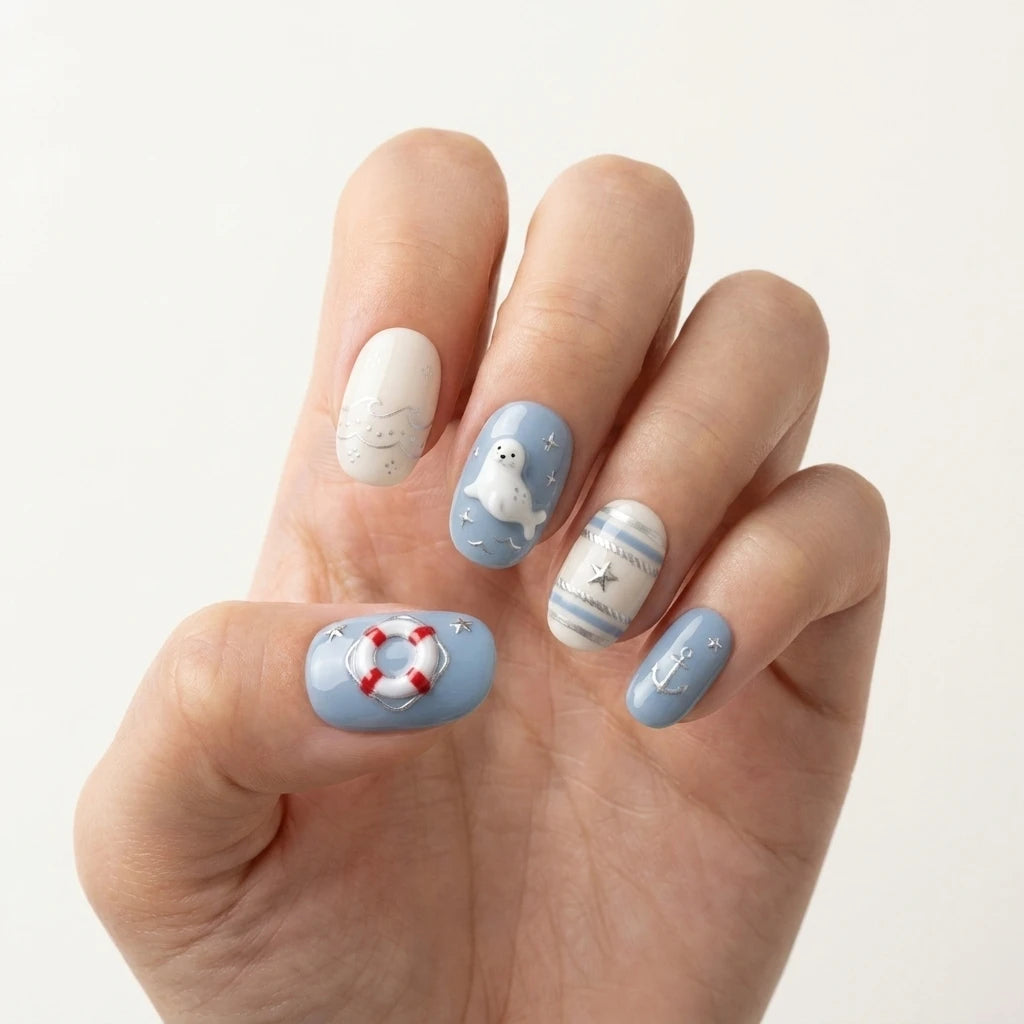 sky blue milky white 3d hand painted oval press on nails nautical seal anchor buoy mockup 01