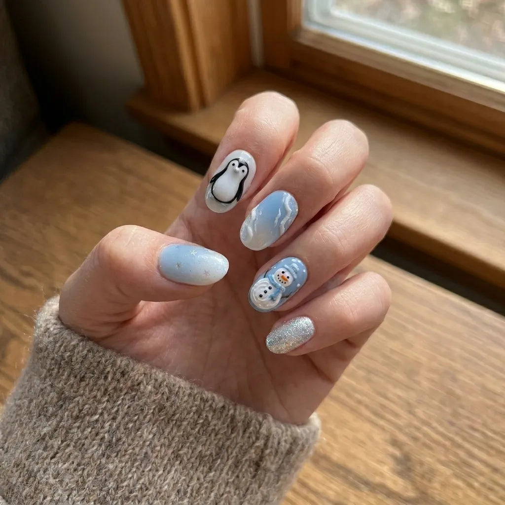 sky blue milky white 3d ombre christmas oval press on nails penguin snowman glitter detail 03
