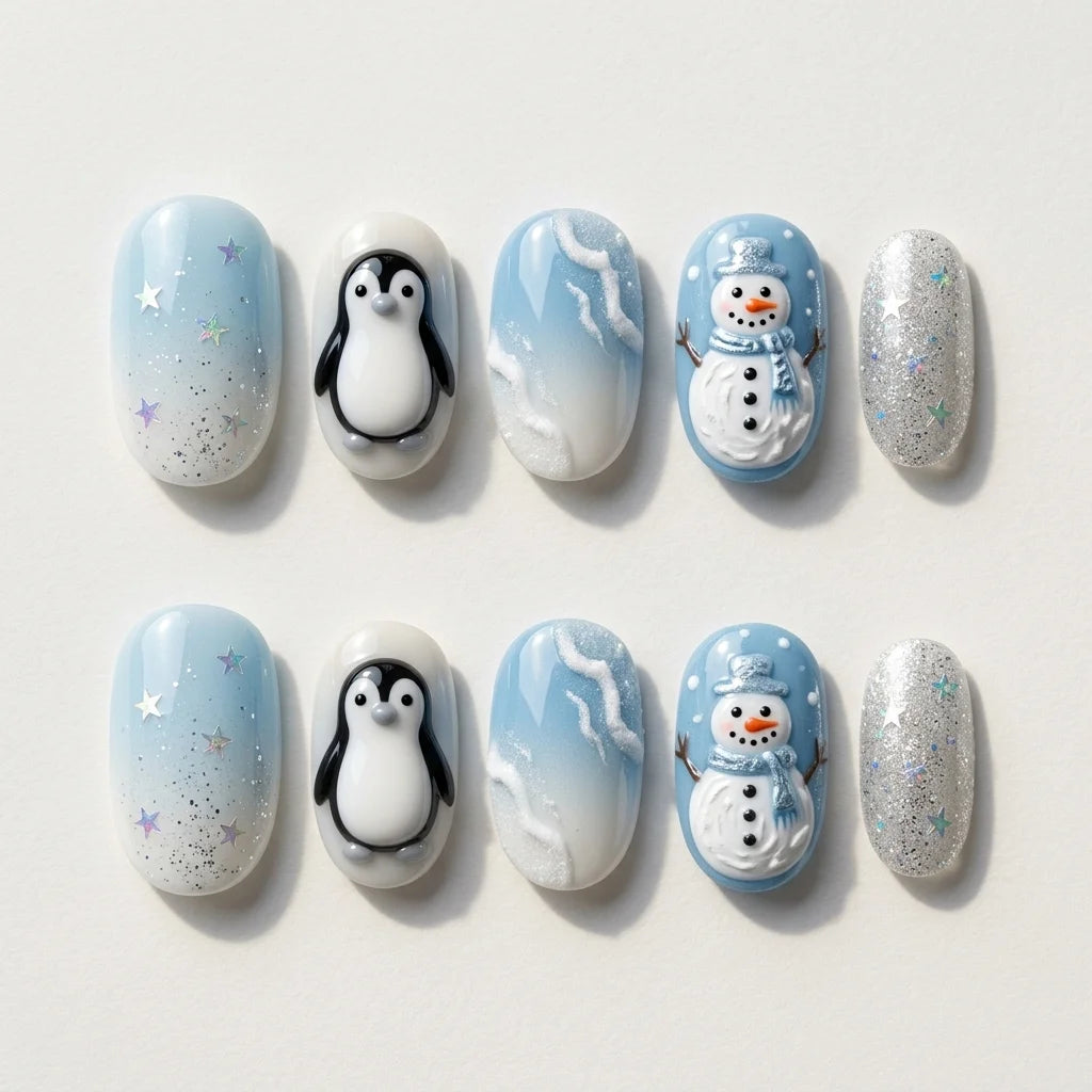 sky blue milky white 3d ombre christmas oval press on nails penguin snowman glitter flat lay 04