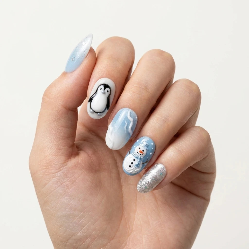 sky blue milky white 3d ombre christmas oval press on nails penguin snowman glitter lifestyle 02