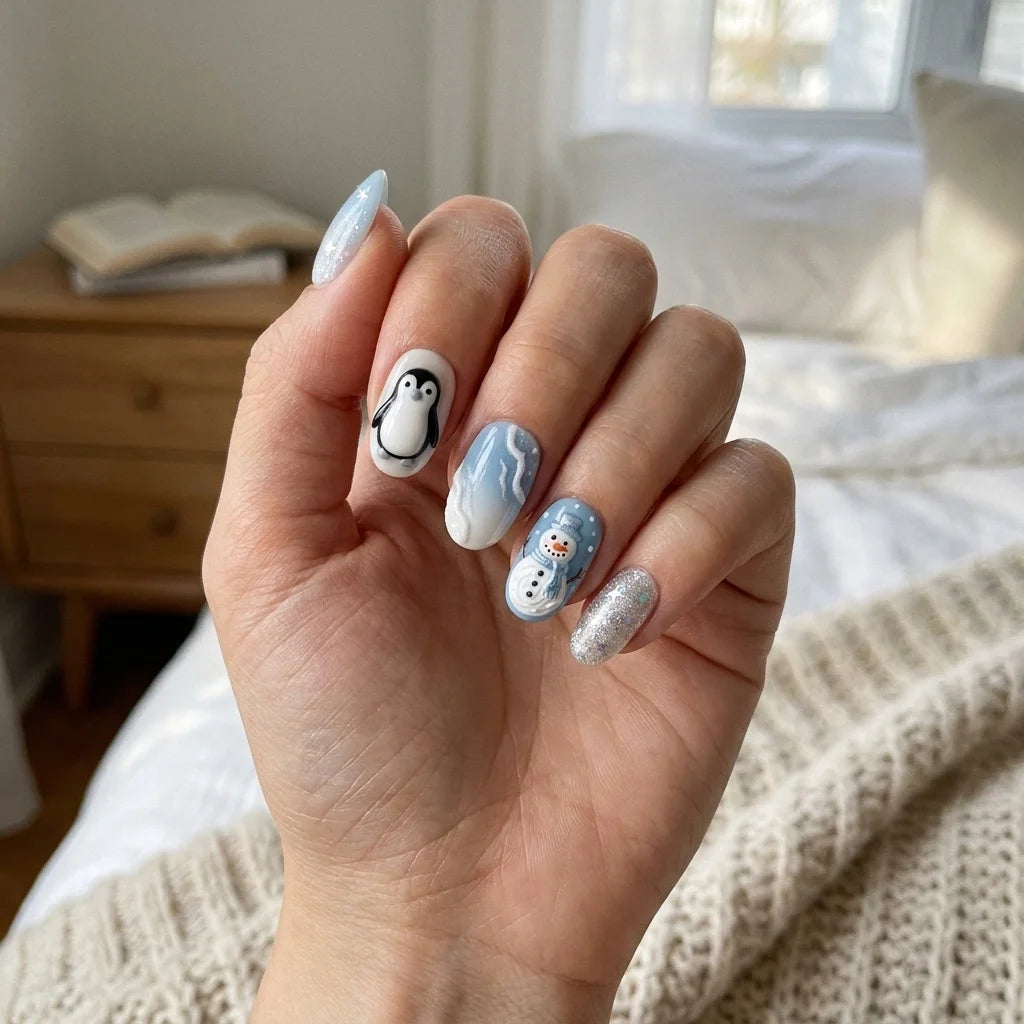 sky blue milky white 3d ombre christmas oval press on nails penguin snowman glitter lifestyle 03
