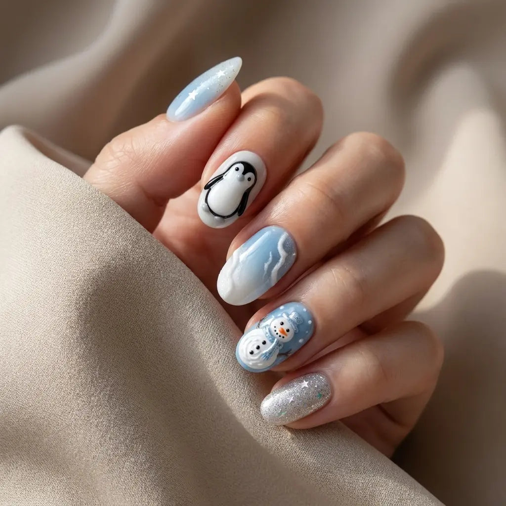 sky blue milky white 3d ombre christmas oval press on nails penguin snowman glitter mockup 01