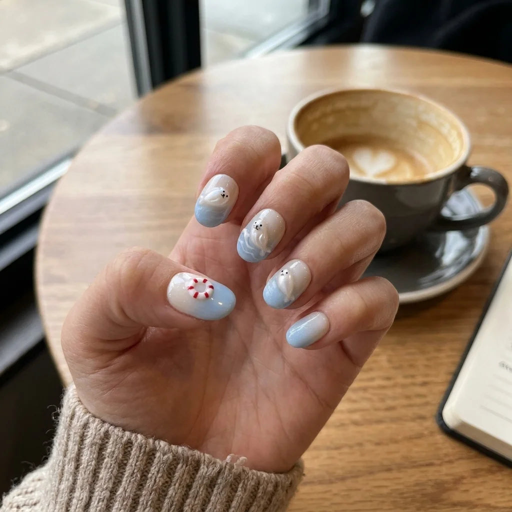 sky blue milky white 3d ombre oval press on nails seal buoy glitter detail 03