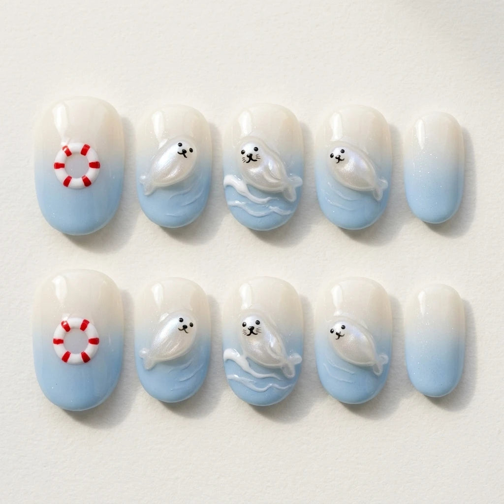 sky blue milky white 3d ombre oval press on nails seal buoy glitter flat lay 04