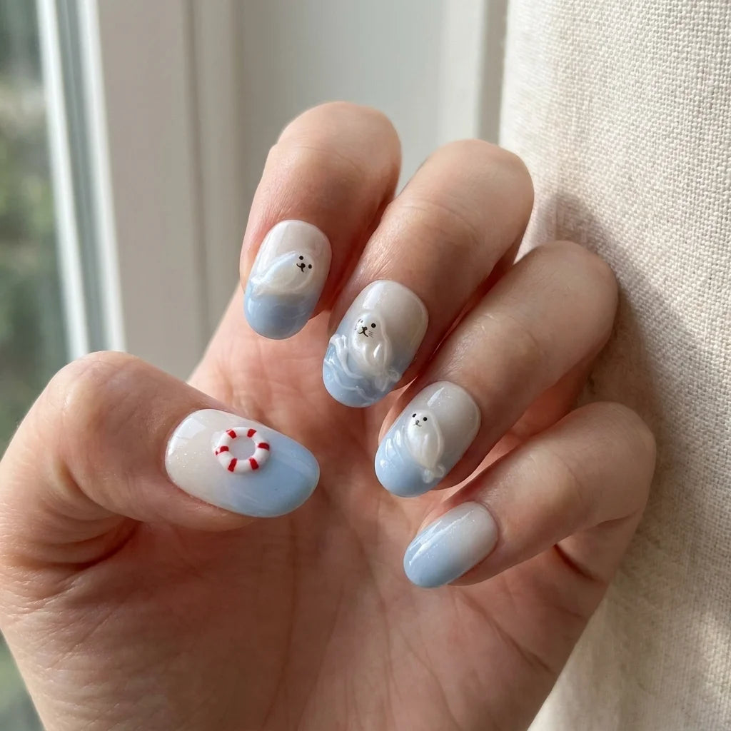 sky blue milky white 3d ombre oval press on nails seal buoy glitter lifestyle 03