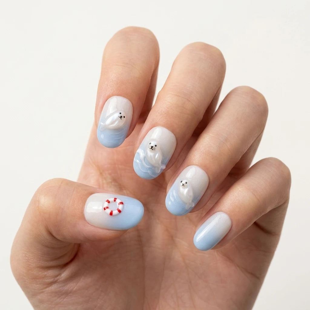 sky blue milky white 3d ombre oval press on nails seal buoy glitter mockup 01