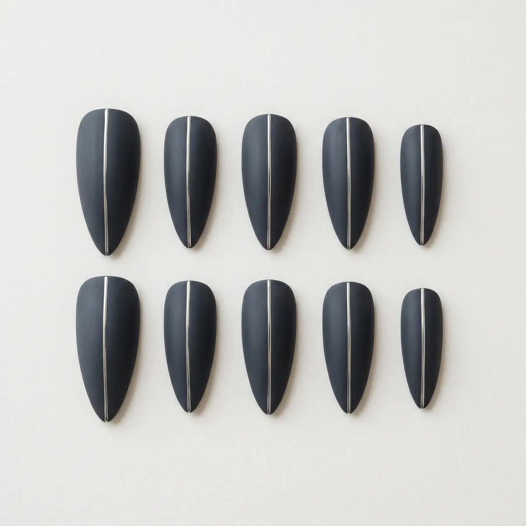 slate grey hand painted almond press on nails silver stripe detail 03