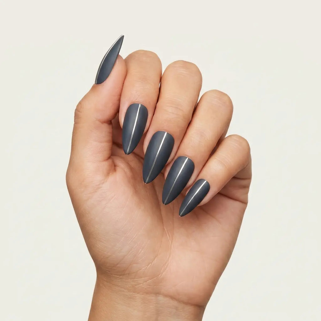 slate grey hand painted almond press on nails silver stripe lifestyle 02