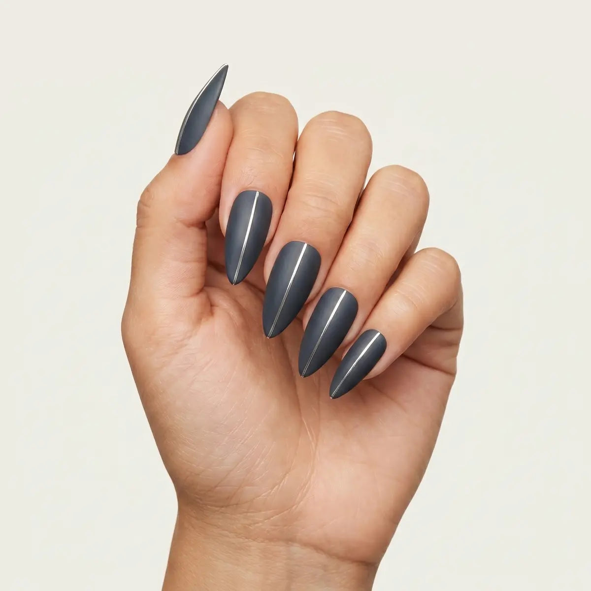 slate grey hand painted almond press on nails silver stripe lifestyle 02