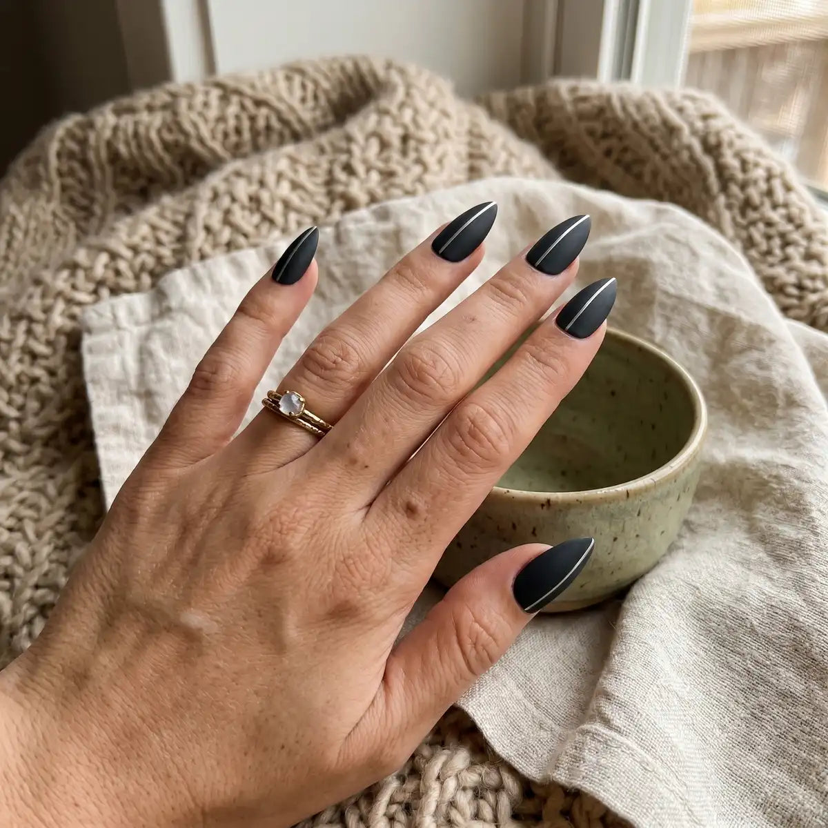 slate grey hand painted almond press on nails silver stripe mockup 01