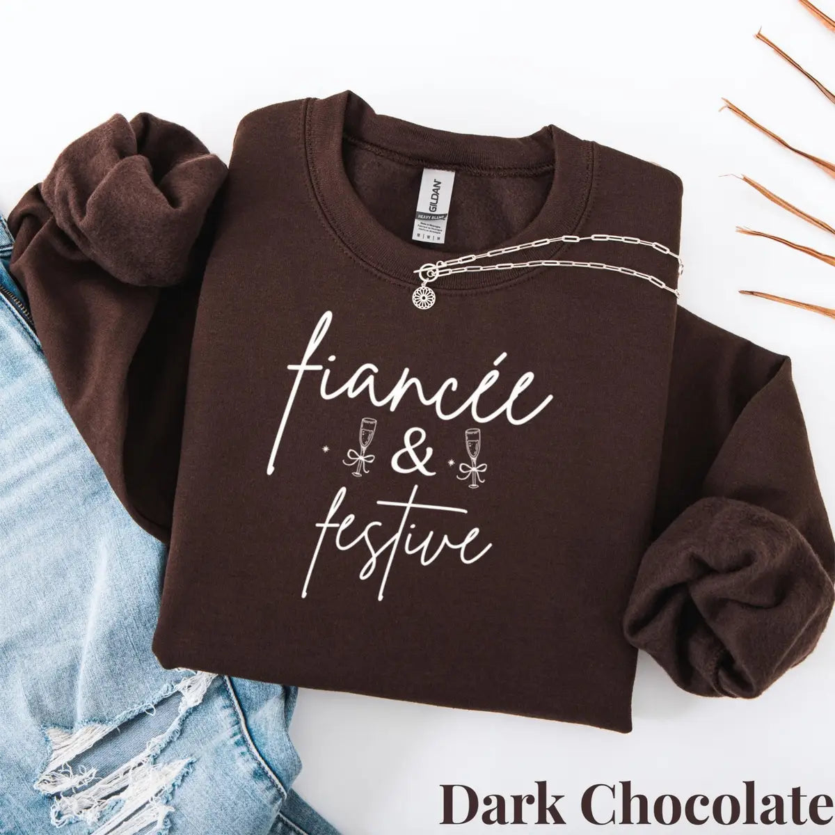 Crewneck sweatshirt with embroidered Fiancé Christmas design, alternate product view.