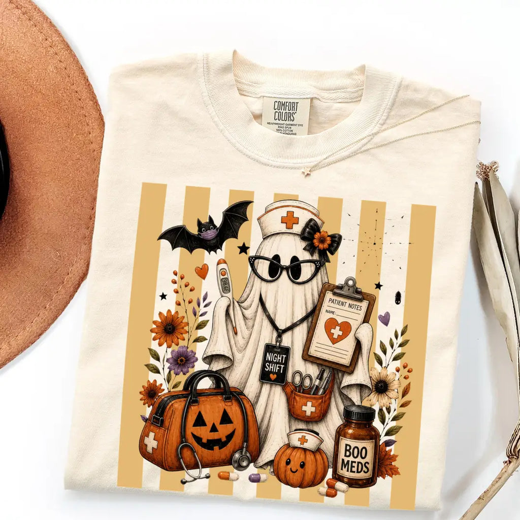 Night Shift Nurse Halloween Comfort Colors T-Shirt alternate product view in Ivory.