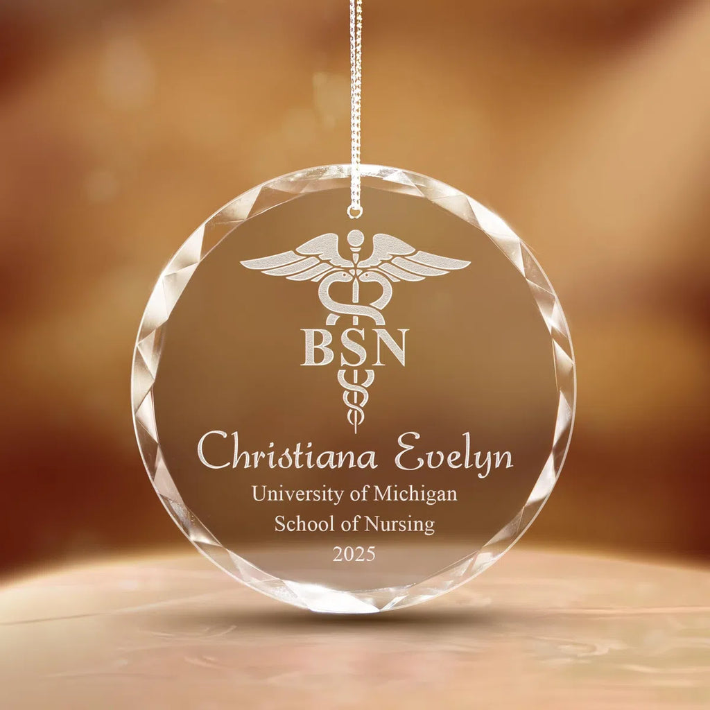 Additional view of a Nursing Graduation personalized engraved engraved crystal glass ornament.