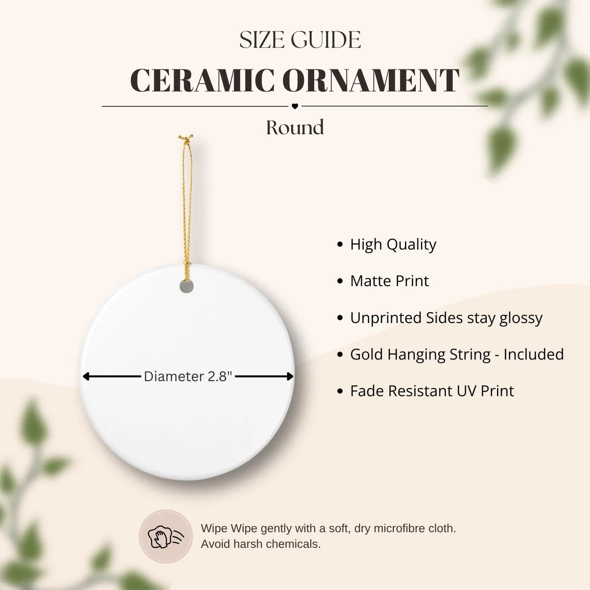Blank round ceramic ornament size guide showing a 2.8 inch diameter with a gold hanging string