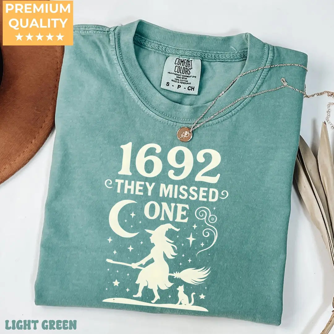 Salem Witch Comfort Colors T-Shirt alternate product view in Light Green.