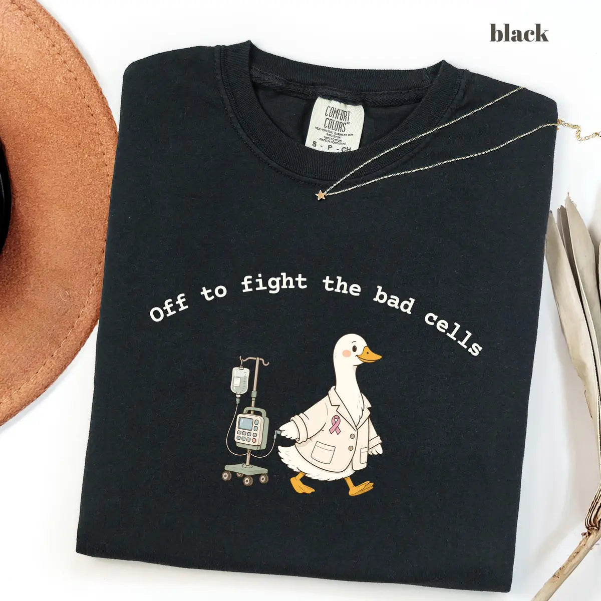 Black CF Comfort Colors 1717 T-shirt with Off to Fight the Bad Cells design worn by a model