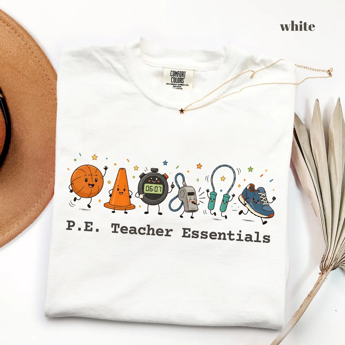 White Comfort Colors 1717 T-shirt with P.E Teacher Essentials design