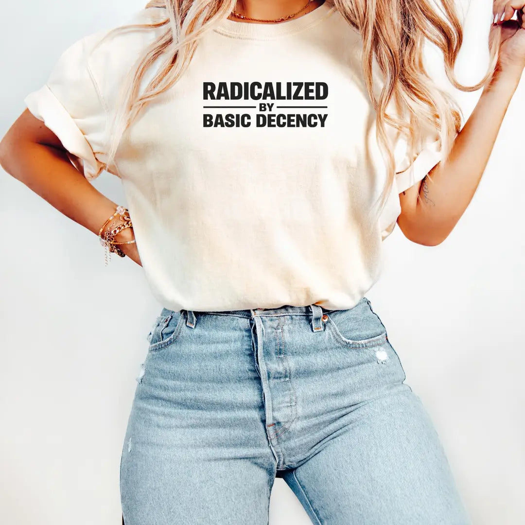 Ivory Comfort Colors 1717 T-shirt with Radicalized By Basic Decency design, alternate product view.