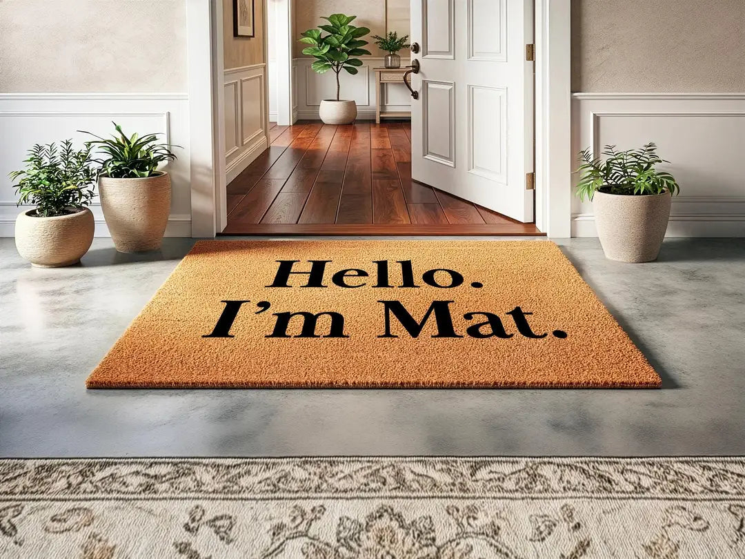 Coir doormat with a Hello I'm Mat message inside an entry hall with potted plants and an open door