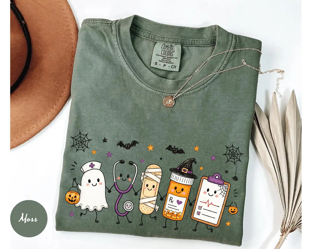 Moss Comfort Colors 1717 T-shirt with Halloween Nurse Doodle design