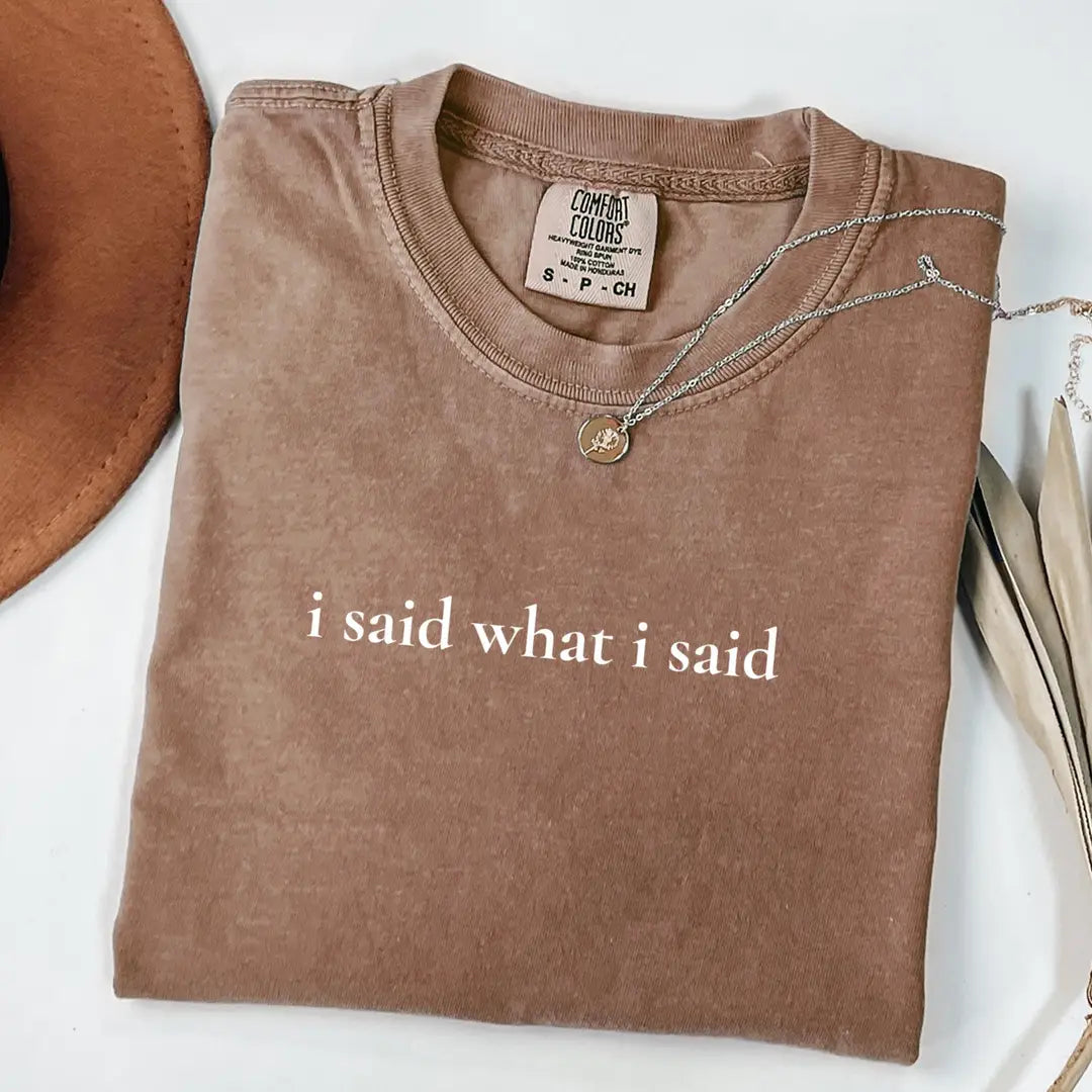 Espresso Comfort Colors 1717 T-shirt with I said what I Said design, alternate product view.