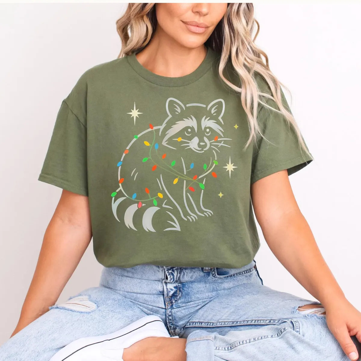 MILITARY GREEN Crewneck sweatshirt with Raccoon Christmas design, alternate product view.