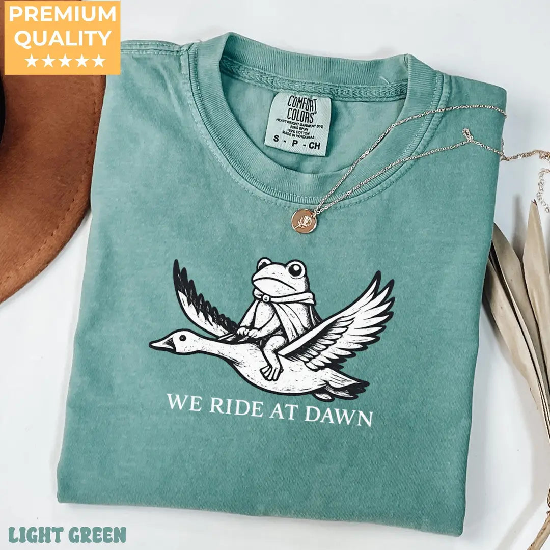 Light Green Comfort Colors 1717 T-shirt with We Ride at Dawn design, alternate product view.