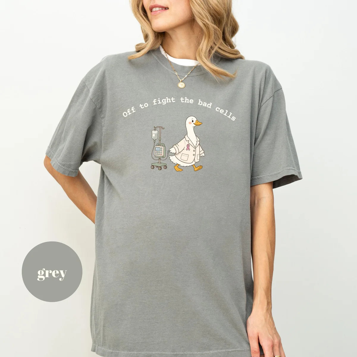 Comfort Colors 1717 T-shirt with Off to Fight the Bad Cells design worn by a model