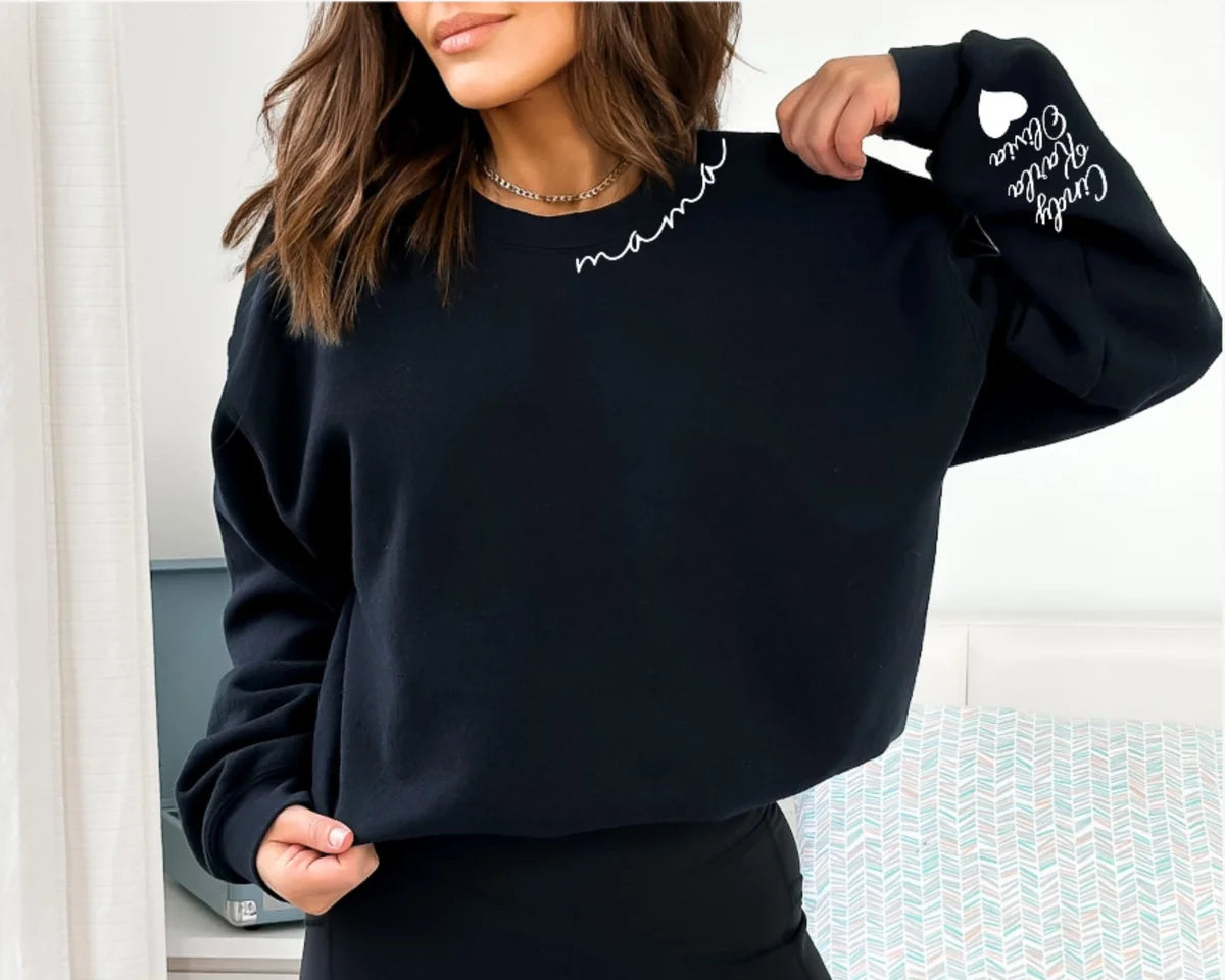Black Crewneck sweatshirt with embroidered Custom Mama with Kid Name on Sleeve design, alternate product view.