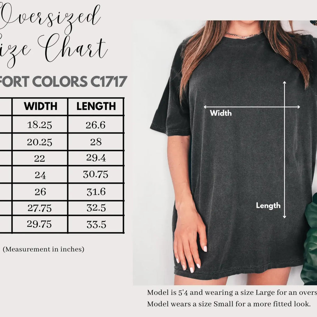 Comfort Colors 1717 T-shirt size chart showing the available adult garment measurements.