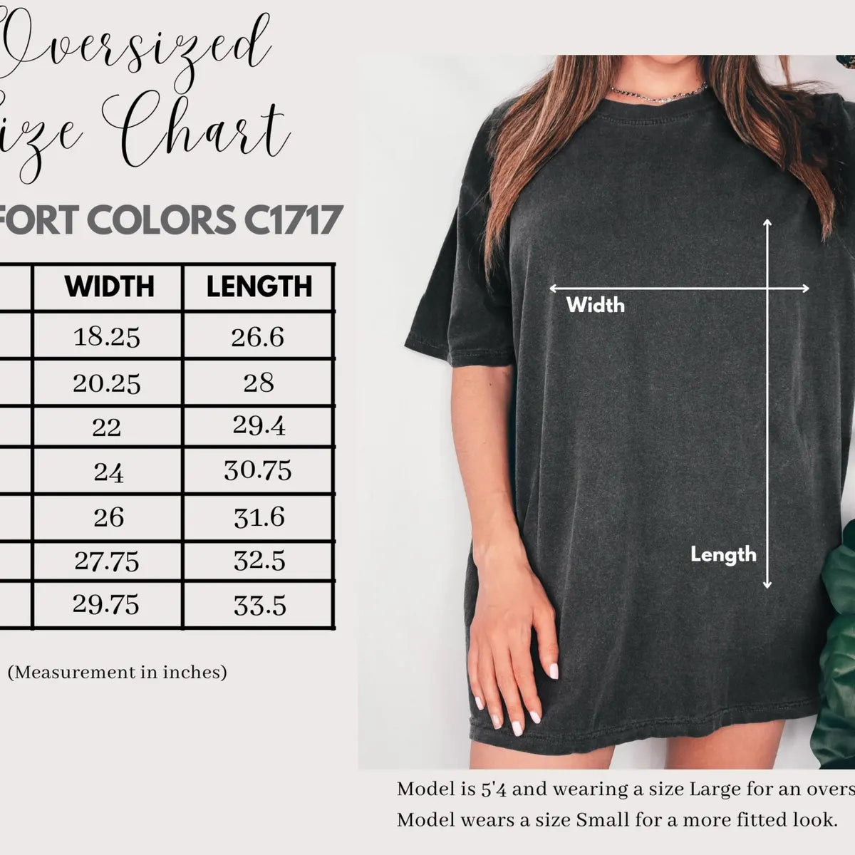 Comfort Colors 1717 T-shirt size chart showing the available adult garment measurements.