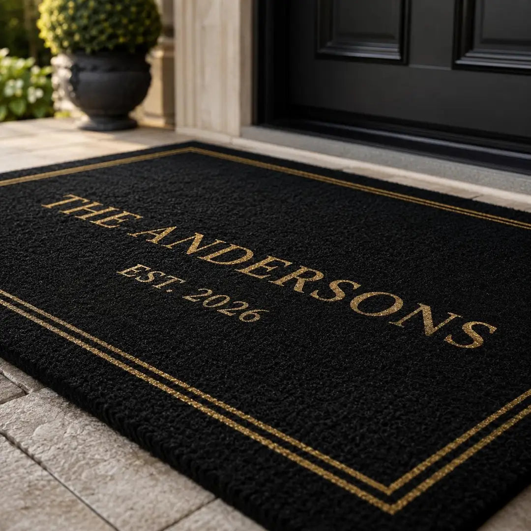 Closeup of a black faux coir doormat with a double gold-tone border and family name on a stone step