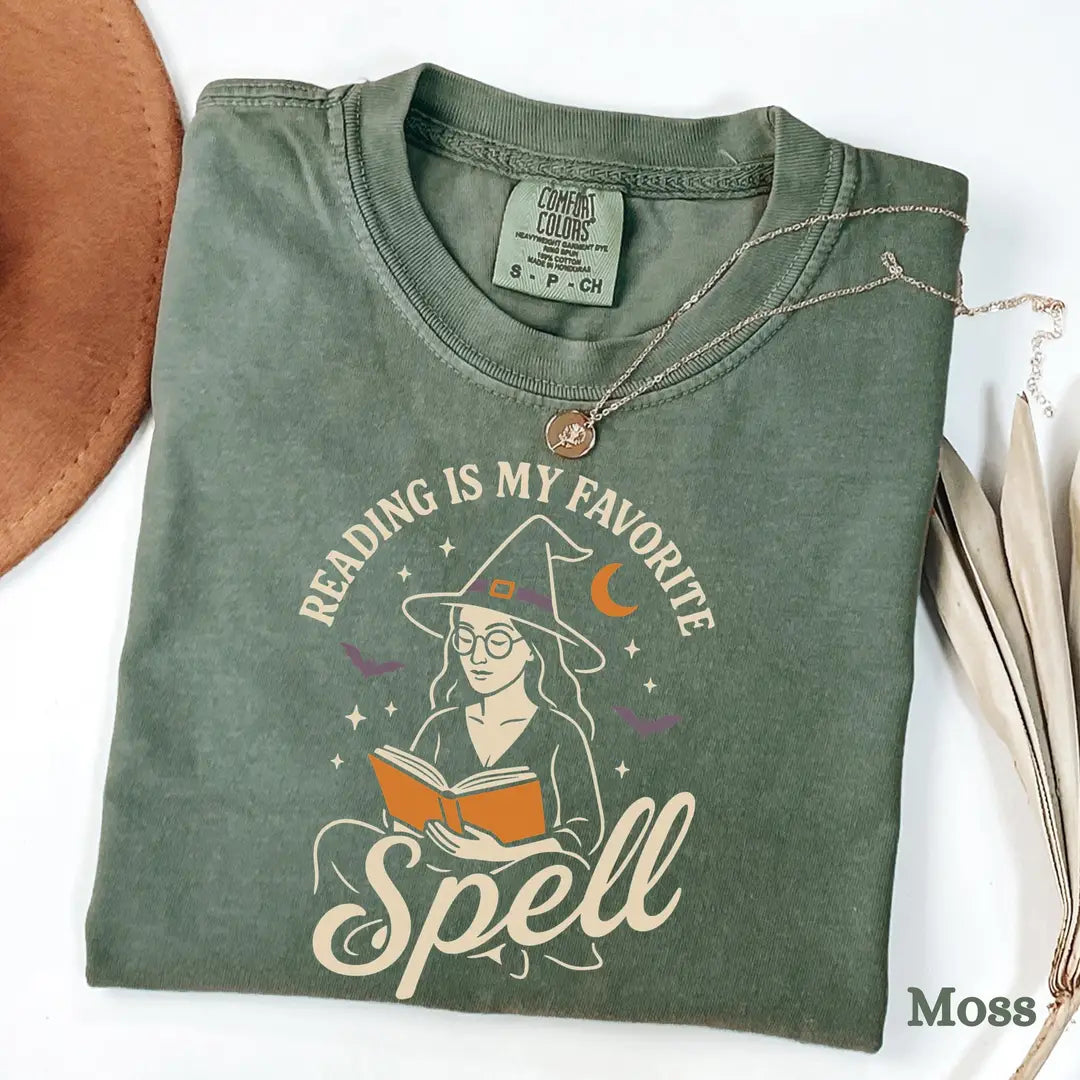 Reading Is My Favorite Spell - Witch Book Lover Comfort Colors T-Shirt alternate product view in Moss.