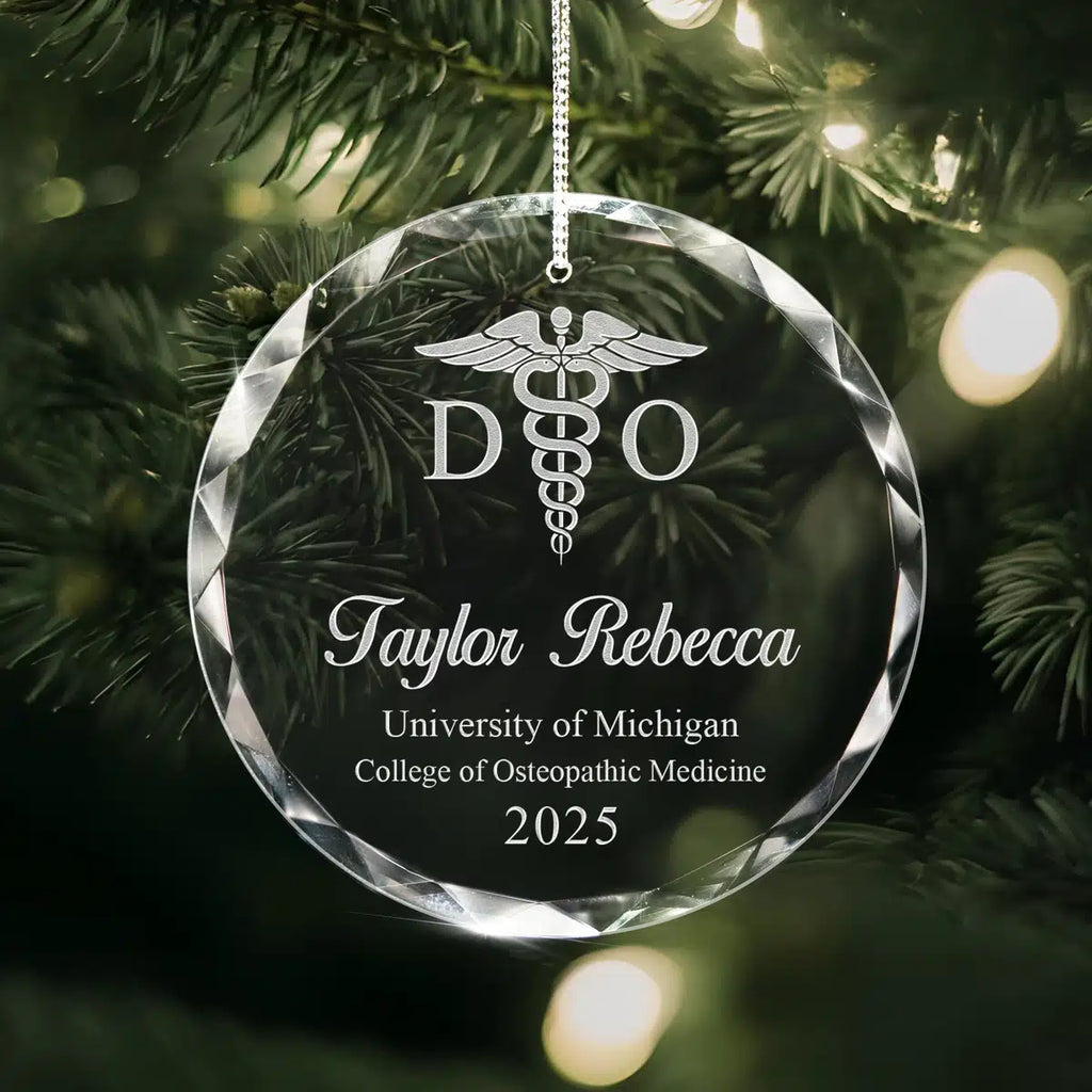 Personalized engraved crystal glass ornament featuring Doctor of Osteopathic Medicine.